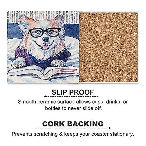 Colourlife Smart Dog Reading Book Printed Square Ceramic Coaster For Drinks With Cork Base For Coffee Cups Place Mats For Home Decor Set Of 4 Pieces