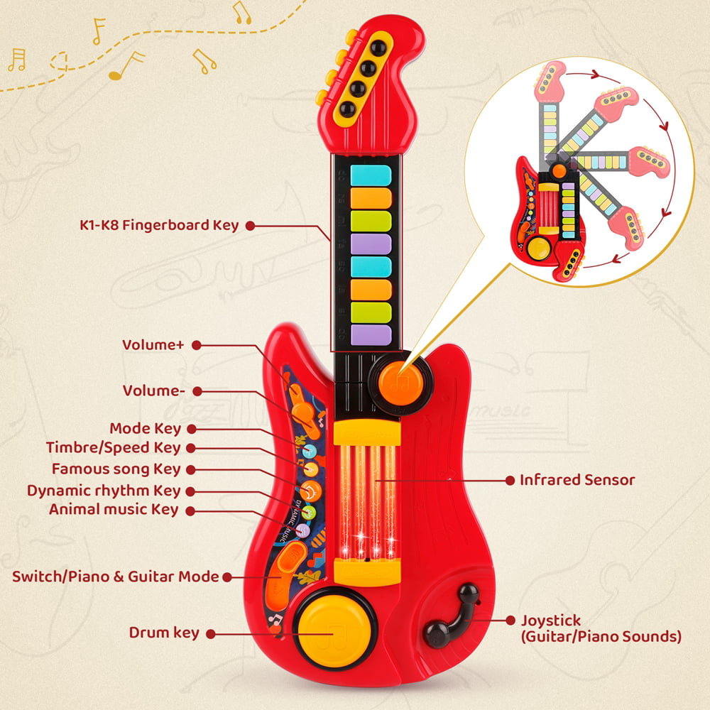 Zmoon Kids Electric Guitar Toy for Boys Girls， 2 in 1 Electric Toy Guitar Piano with Music and Light Musical Instrument Toys for Toddler 2 3 4 5 6 Years Old Gift， Red