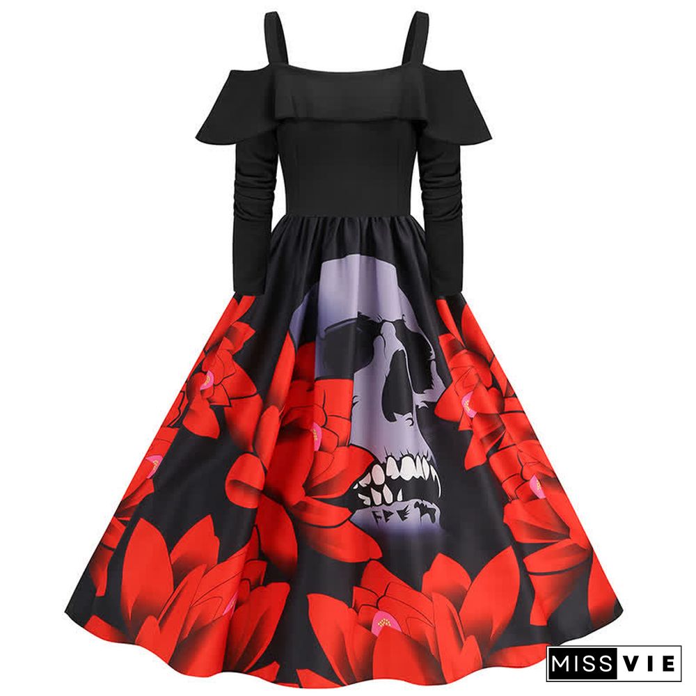 Halloween Printed Off The Shoulder Long Sleeve Dress