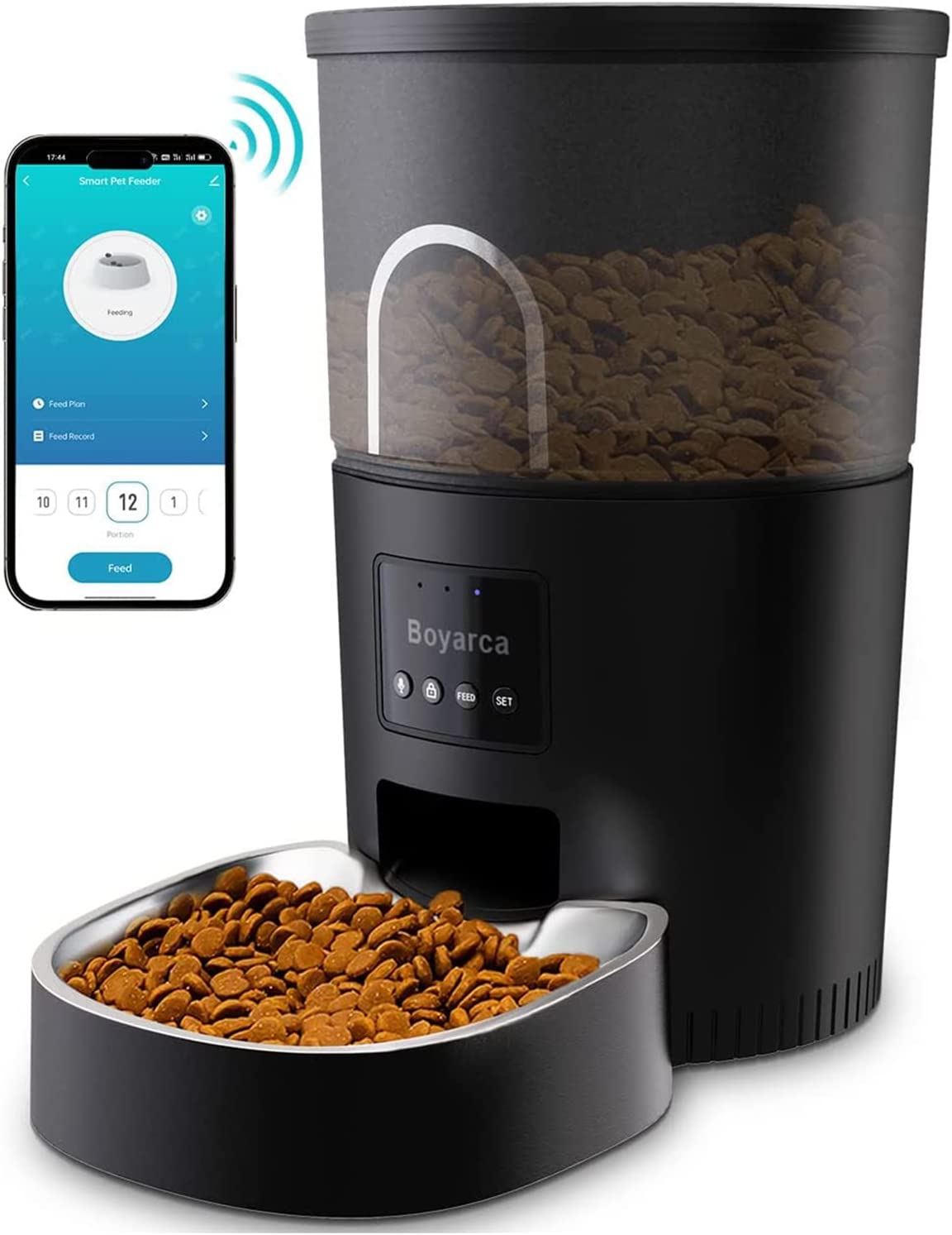 Automatic Cat Feeders with App，Tuya Smart Auto Pet Feeder for Cats and Dogs，2.4GHz WiFi Pet Dry Food Dispenser， with Remote Feeding Timer，Works with Google for Home Automation，3L，Black