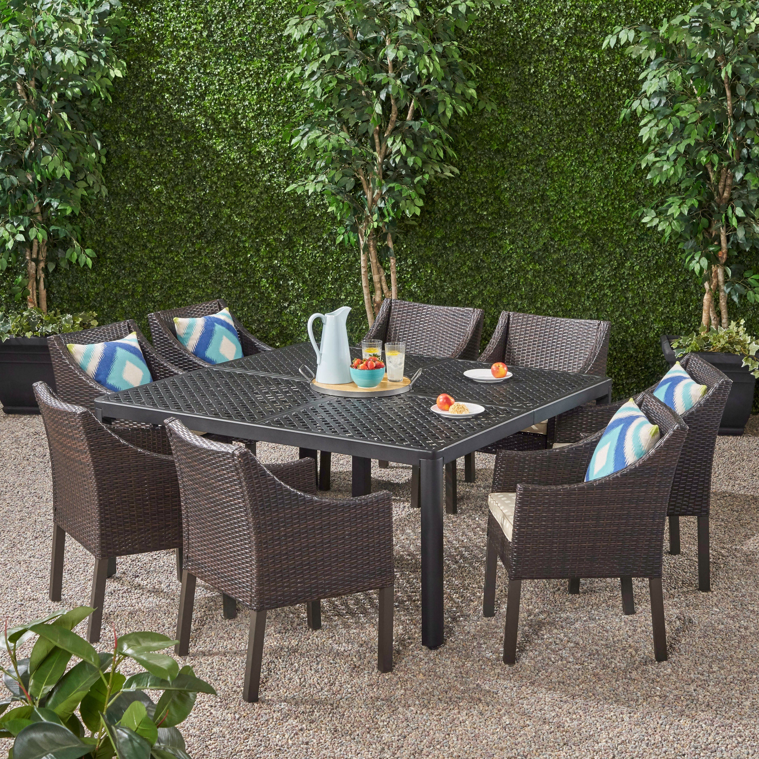 Megan Outdoor Aluminum and Wicker 8 Seater Dining Set