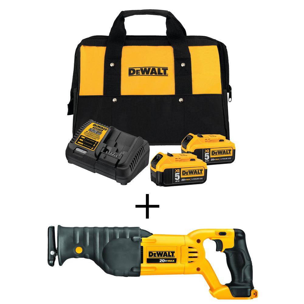 DW 20V MAX Cordless Reciprocating Saw (2) 20V MAX XR Premium Lithium-Ion 5.0Ah Batteries and Charger DCB2052CKW380B