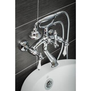 PELHAM  WHITE Vintage Style 3-Handle Wall Mount Claw Foot Tub Faucet with Porcelain Levers and Handshower in Chrome PW825218-P-PC