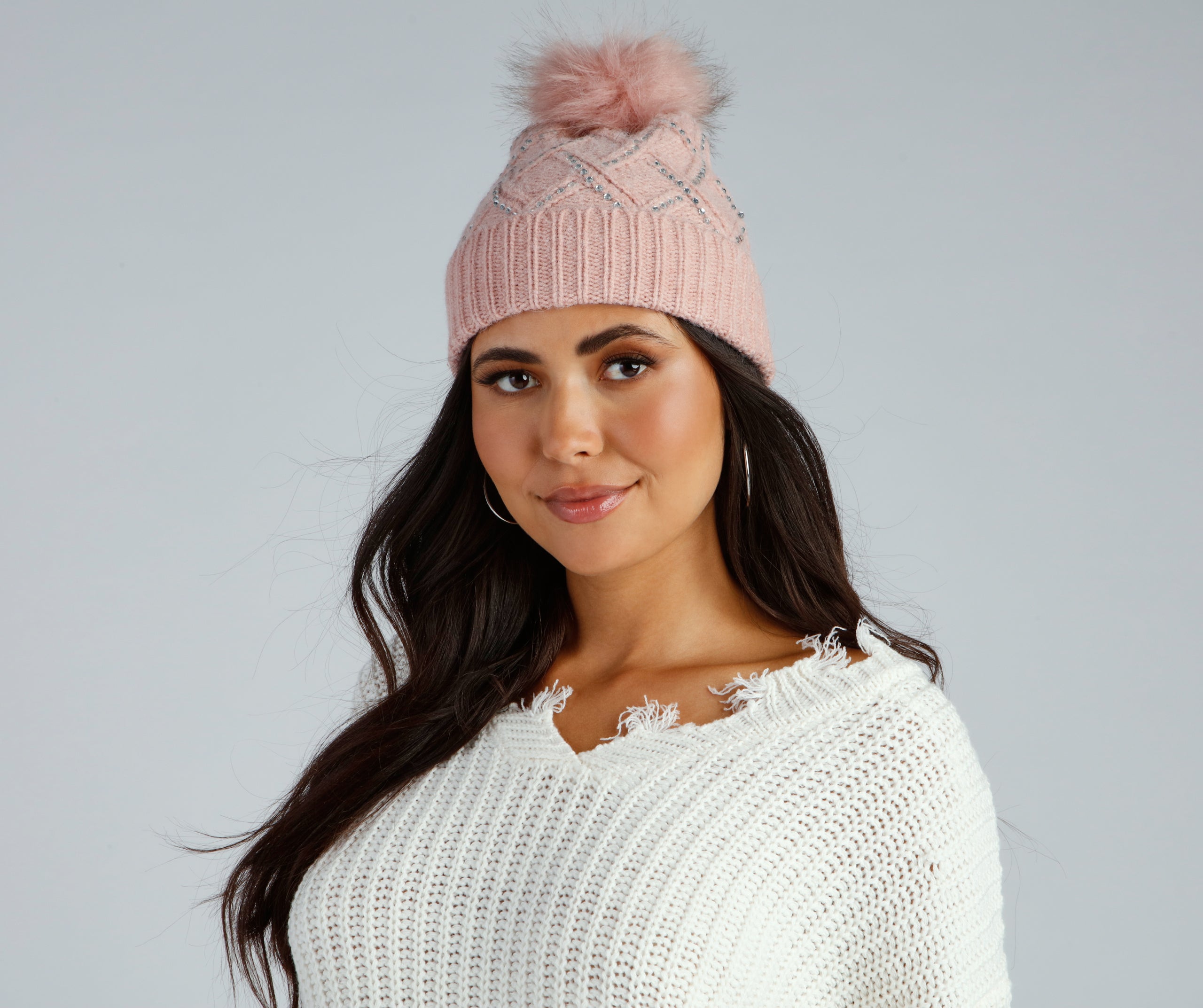 Glam Touch Rhinestone Pom Beanie