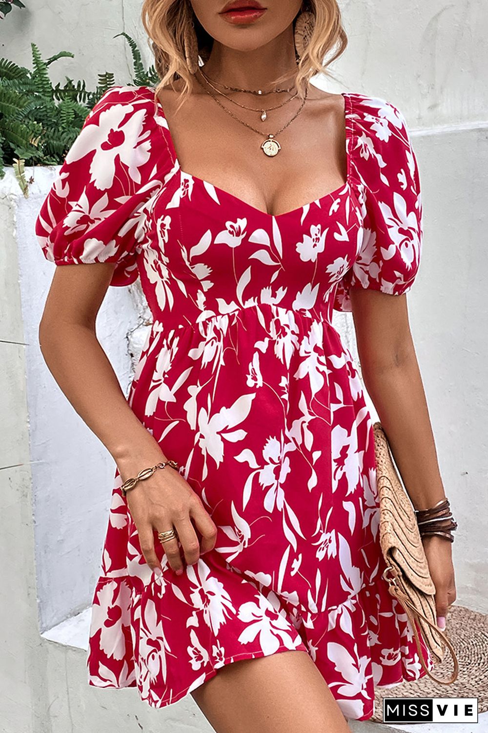 Red Squared Neck High Waist Floral Dress