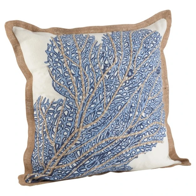 Oversize Sea Fan Coral Printed Cotton Square Throw Pillow Blue