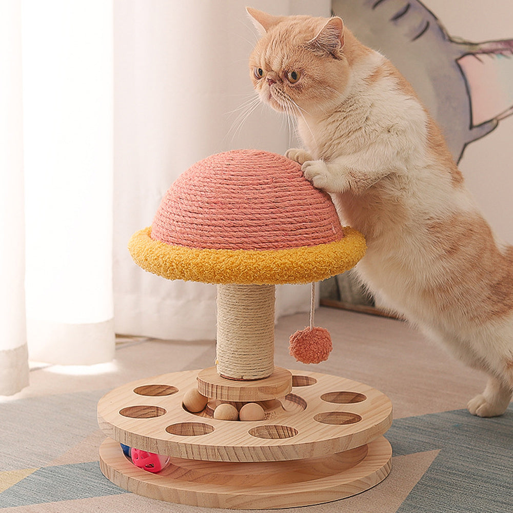 DENTRUN Cat Toy Roller， Interactive Cat Turntable Ball Track with Scratching Post Dangling Ball， Wood Maze Play Toy Ball for Indoor Cats Kittens