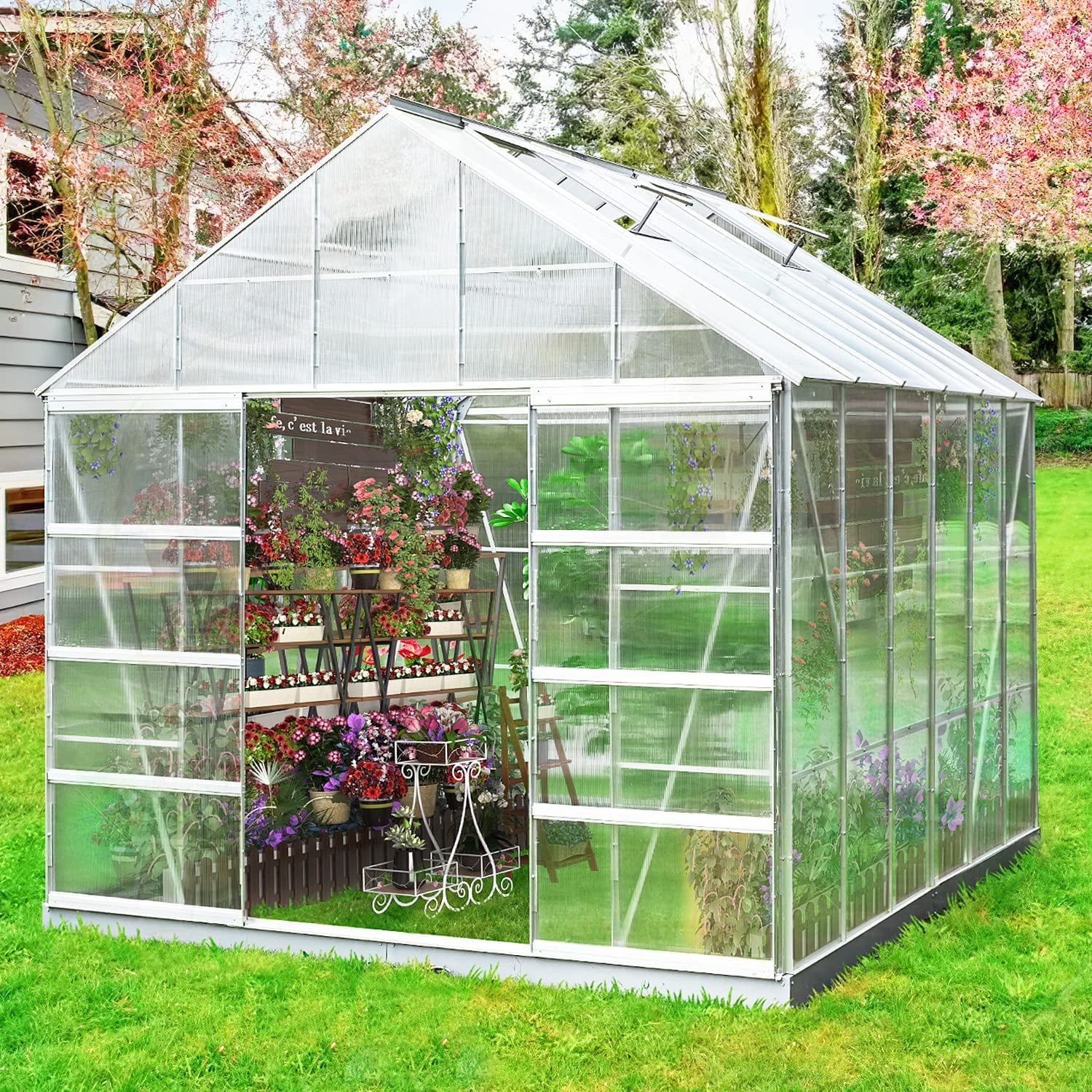 Erommy 10' x 12' x 10.3' Outdoor Walk-in Hobby Polycarbonate Aluminum Greenhouse