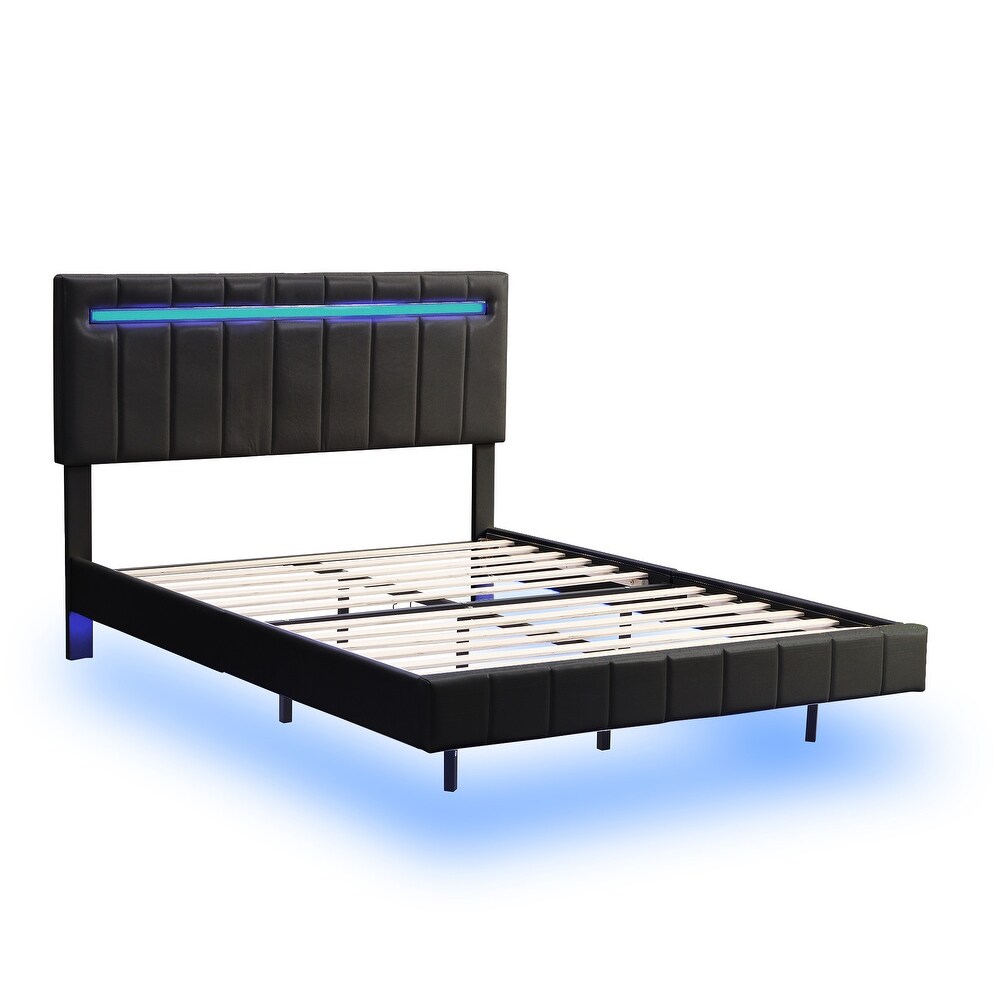 Floating Bed Frame with LED Lights and USB Charging Modern Upholstered Platform LED Bed Frame