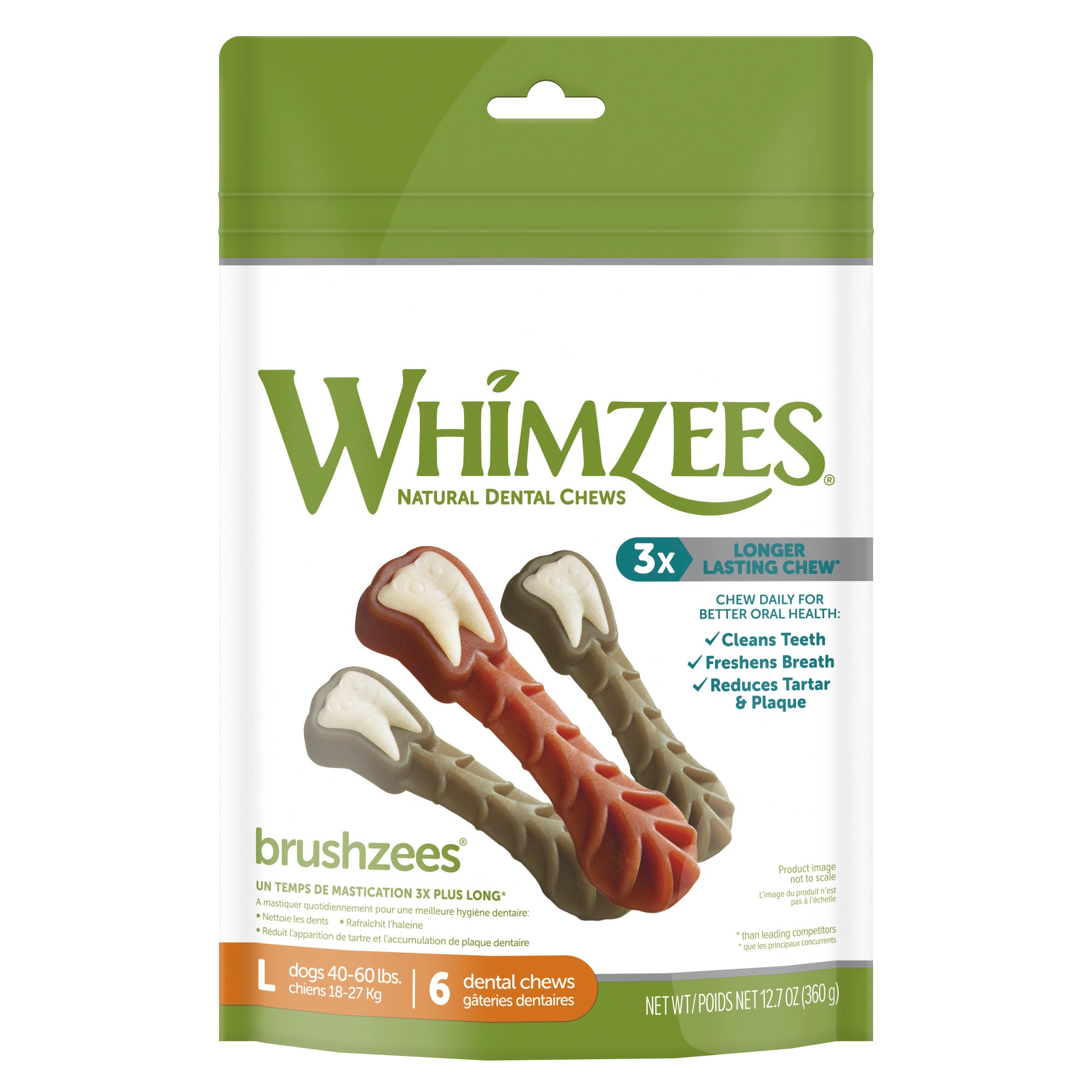 Whimzees Natural Grain Free Daily Dental Long Lasting Brushzees Large Dog Treats， 12.7 oz.， Pack of 6