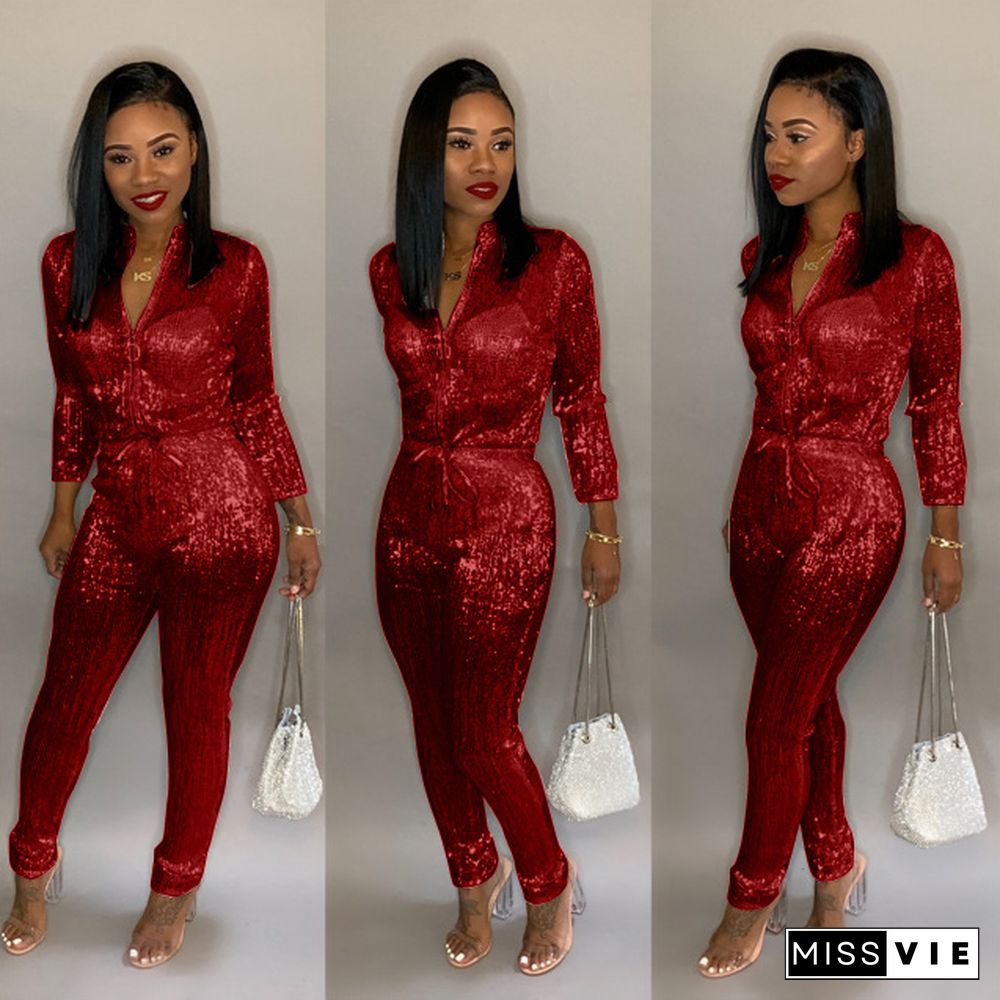 Autumn Women's Glitter Hot Stamping Zipper Long Sleeve Jumpsuit