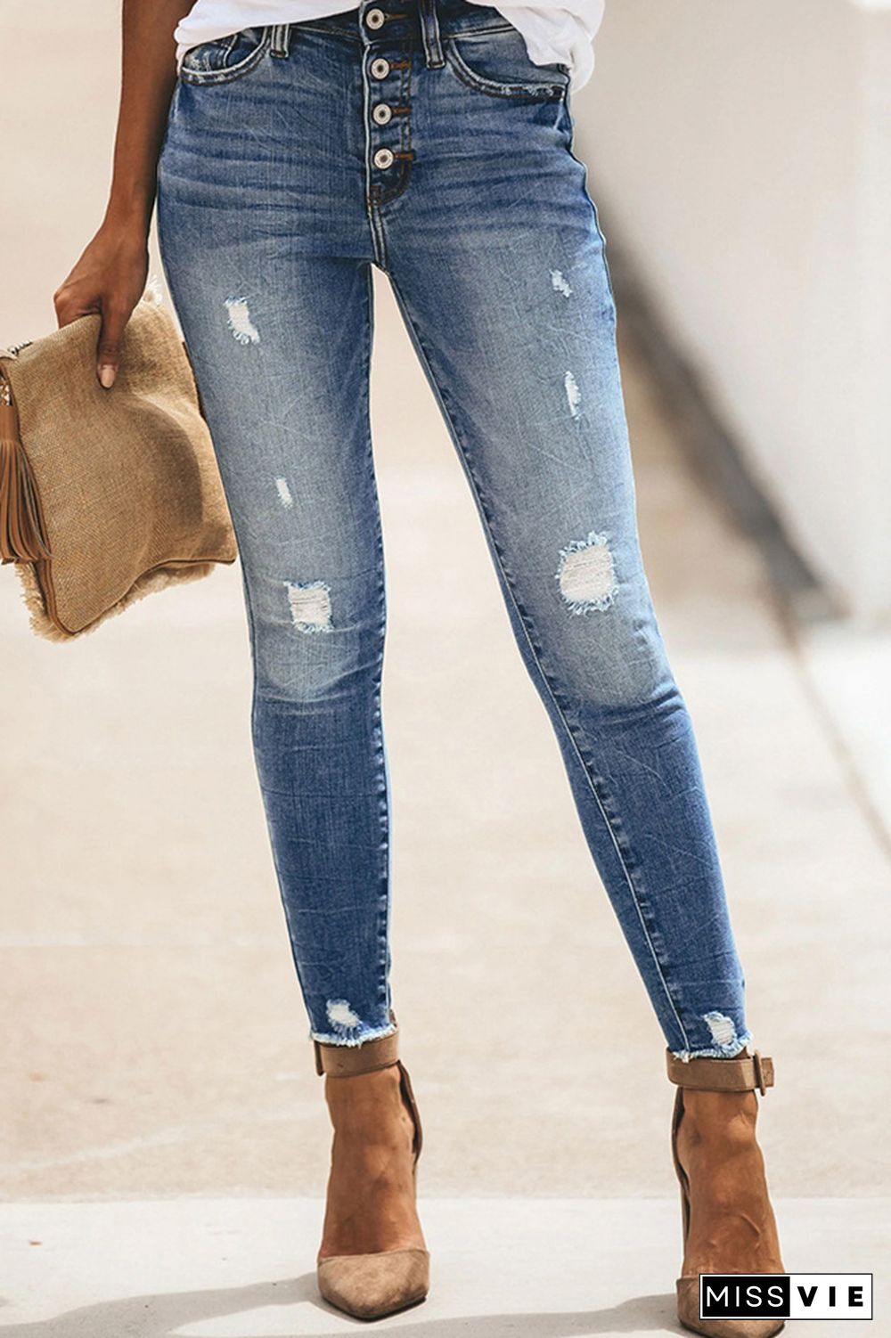 Raw Hem Distressed Stretchy Skinny Jeans