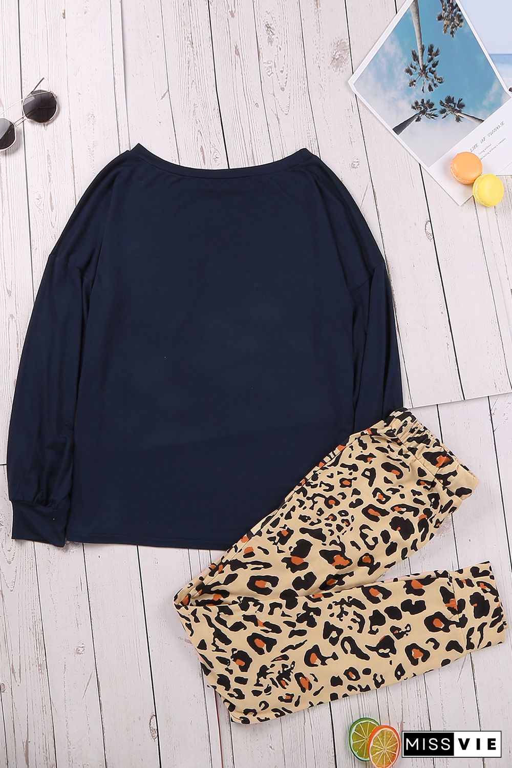 Blue Casual Long Sleeve Leopard Pants Loungewear Set