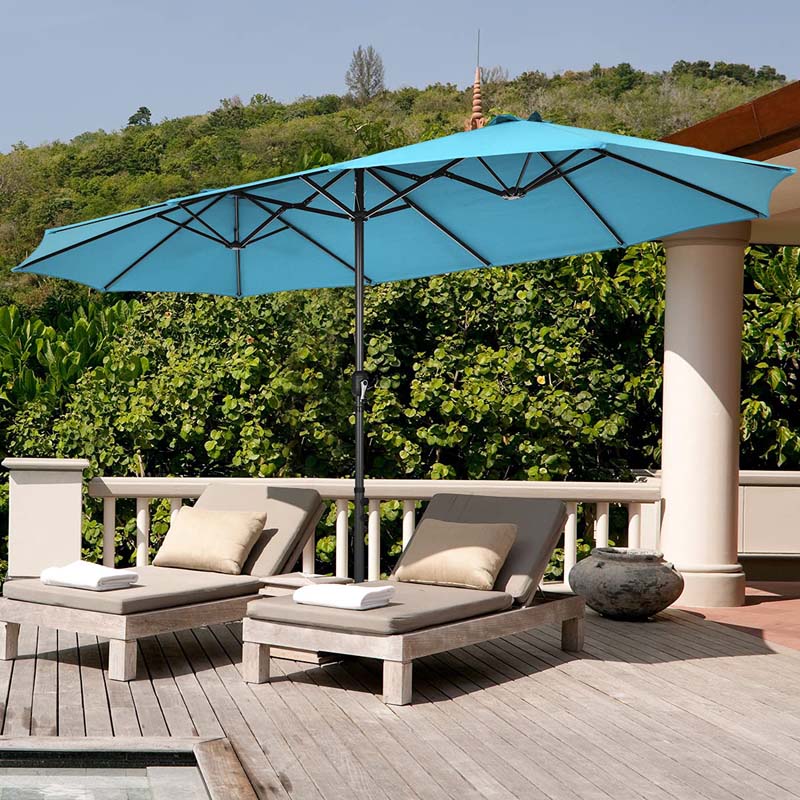 15FT Double-Sided Twin Patio Umbrella with Base & Crank System, Extra-Large Cantilever Market Umbrella