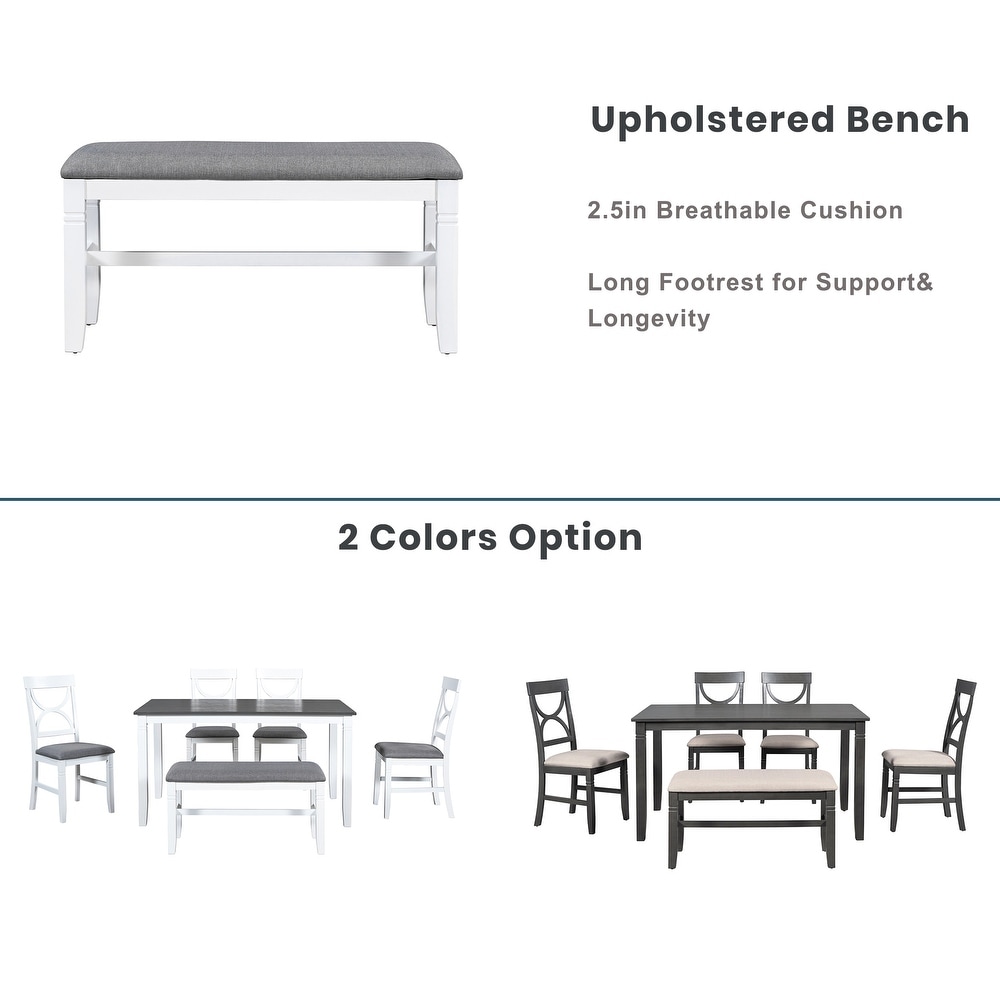 6 Piece Wood Dining Table Set with Bench Seating   Upholstered Chairs