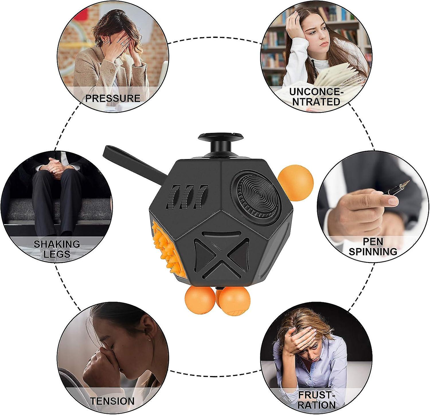 Fidget Cube， 12 Sides Premium Quality Fidget Cube Anti Decompression Relieves Stress And Anxiety For Add， Adhd， Ocd (black)