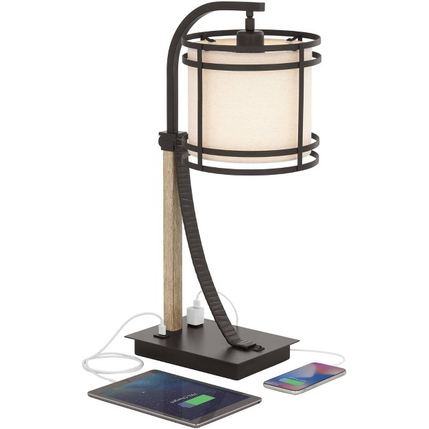 High Oil Rubbed Bronze Faux Wood Cage With Usb And Ac Power Outlet In Base Oatmeal Shade For Desk