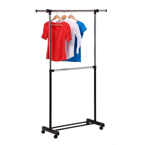 Expandable Dual Rod Garment Rack with Wheels, Chrome/Black