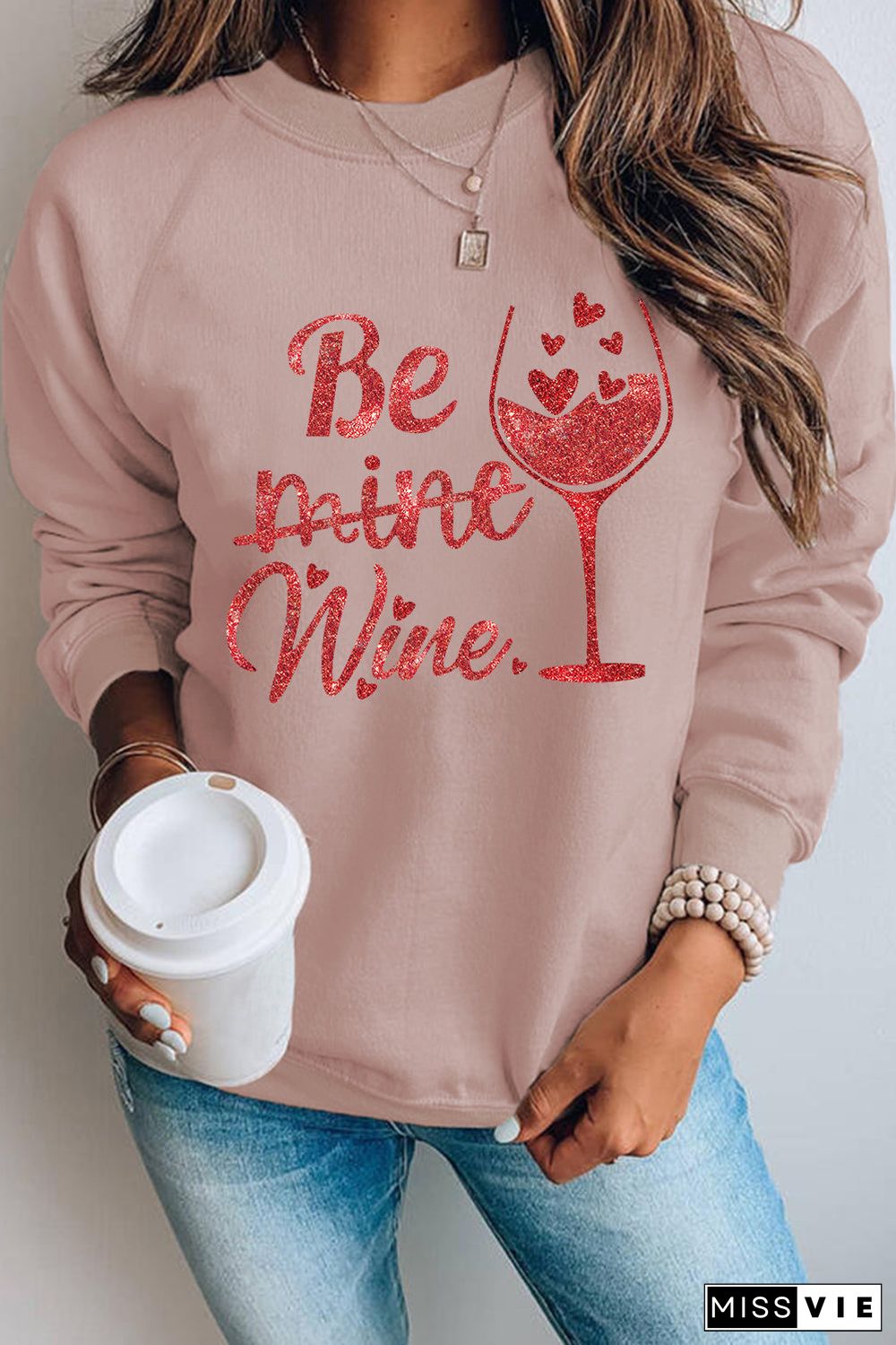 Pink Be Mine Wine Shining Graphic Print Sweatshirt