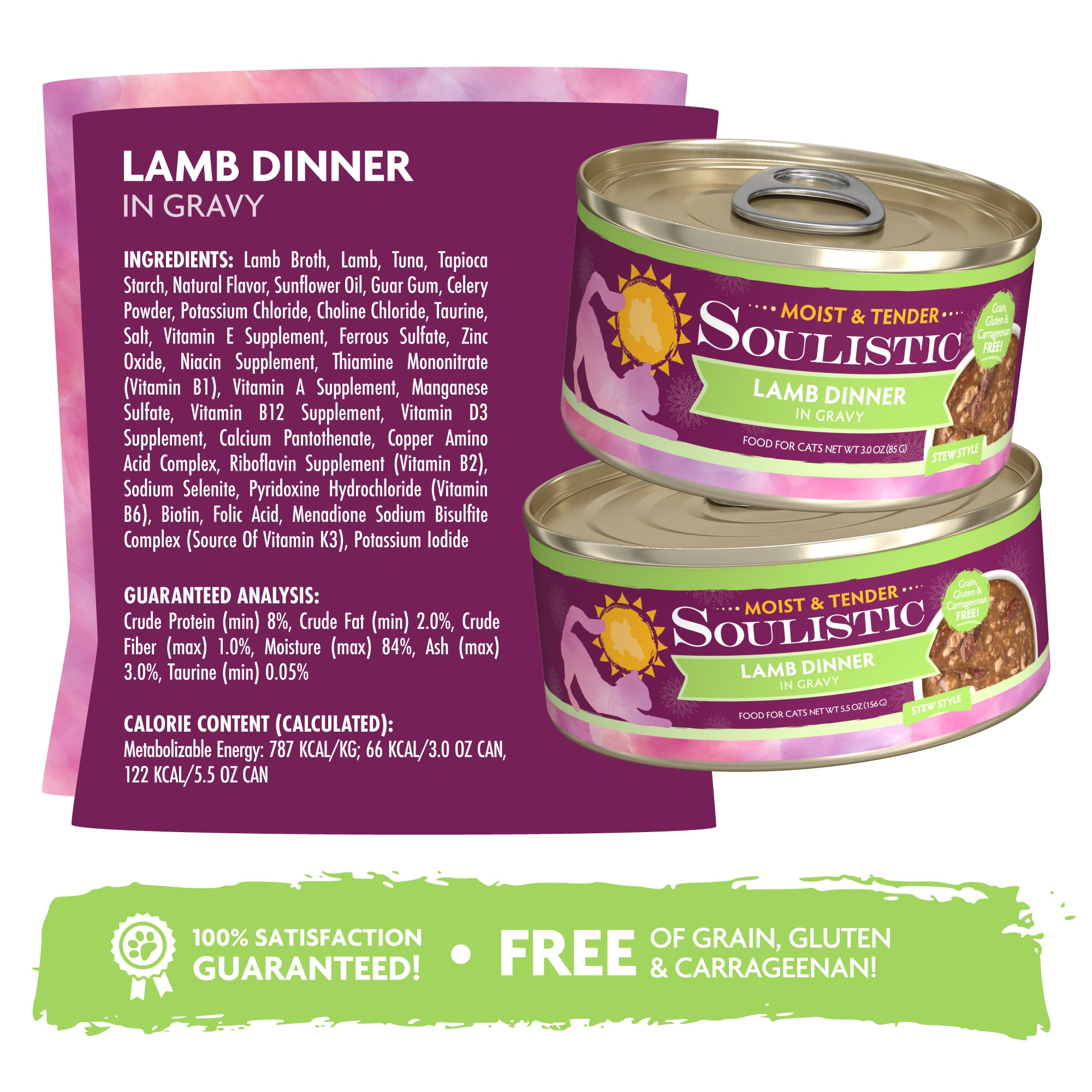 Soulistic Moist  Tender Lamb Dinner in Gravy Wet Cat Food， 3 oz.， Case of 12