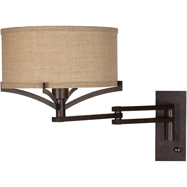 Franklin Iron Works Tremont Rustic Farmhouse Swing Arm Wall Lamp Bronze Plug in Light Fixture Tan Burlap Drum Shade For Bedroom Bedside Living Room