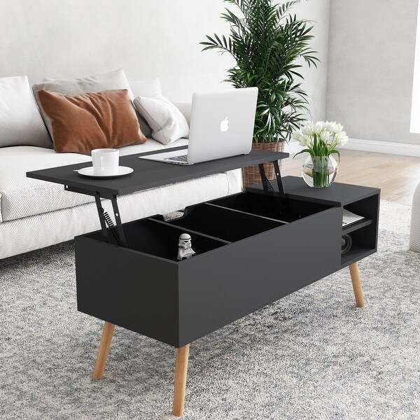 Coffee Table with Solid Wood Leg Rest，Liftable and Lowerable Table Top