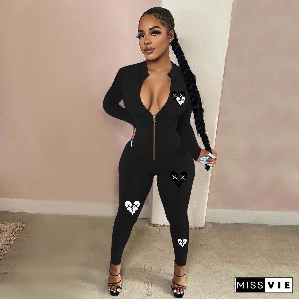 Casual Printing Long Sleeve One Piece Jumpsuit