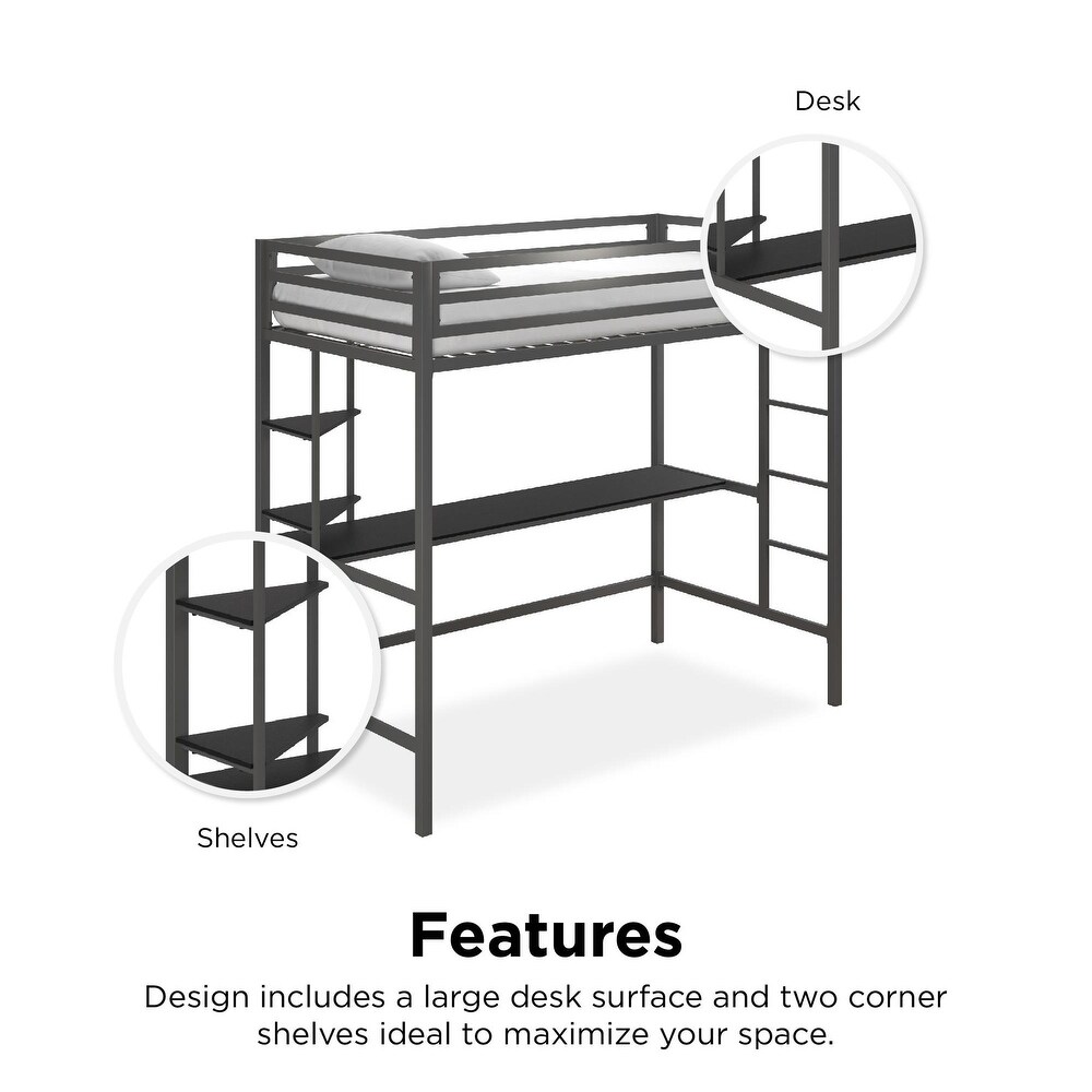 The Novogratz Maxwell Metal Loft Bed with Desk   Shelves