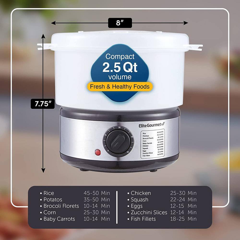 Elite Gourmet 2 Quart Elcteric Food Vegetable Steamer with BPA-Free Steamer Tray Auto Shut-off 60-min Timer EST250