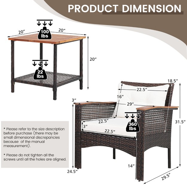 Costway 3pcs Patio Rattan Furniture Set Acacia Wood Table Top W shelf Cushioned