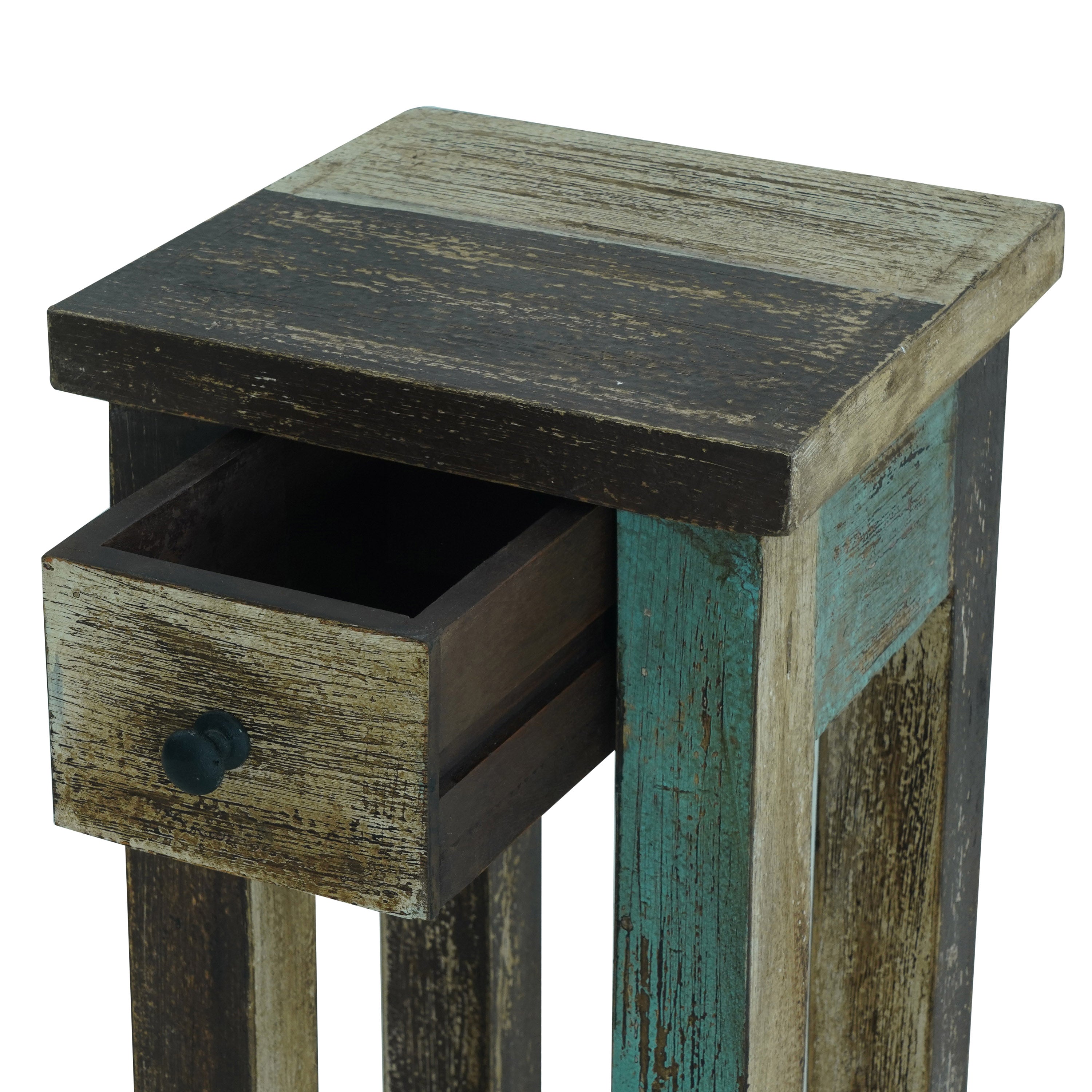 Tracey Boho Handmade Distressed Mango Wood Tall Side Table, Multicolored