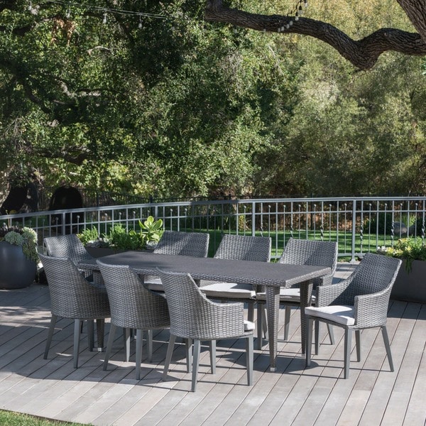 Lenox Outdoor 9piece Rectangular Wicker Dining Set with Cushions by Christopher Knight Home