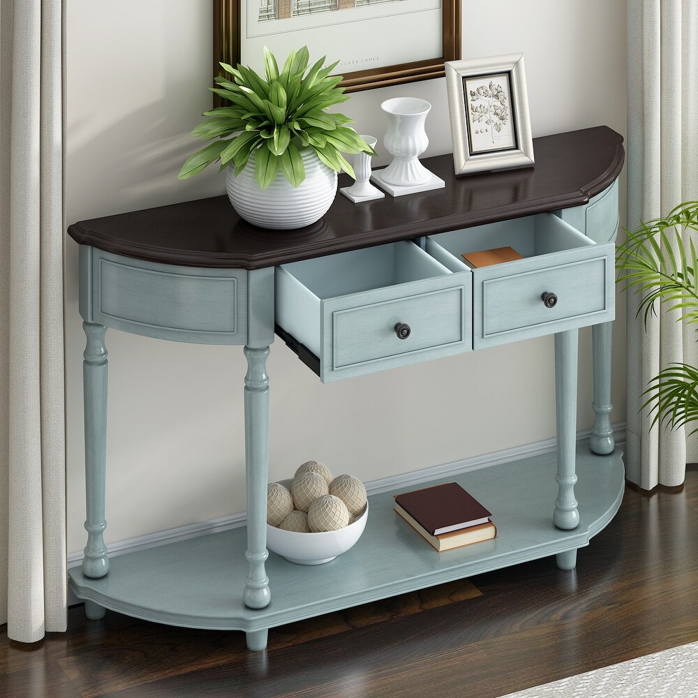 Retro Curved Console Table with Open Style Shelf and 2 Top Drawers  Half Moon Entry Table with Solid Wooden Frame and Legs