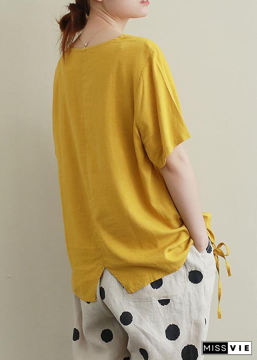 Style o neck drawstring linen cotton summerBlouse yellow baggy shirts