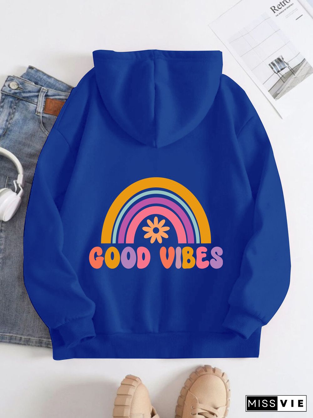 Printed on the Back Kangaroo Pocket Hoodie Long Sleeve for Women Pattern good vides