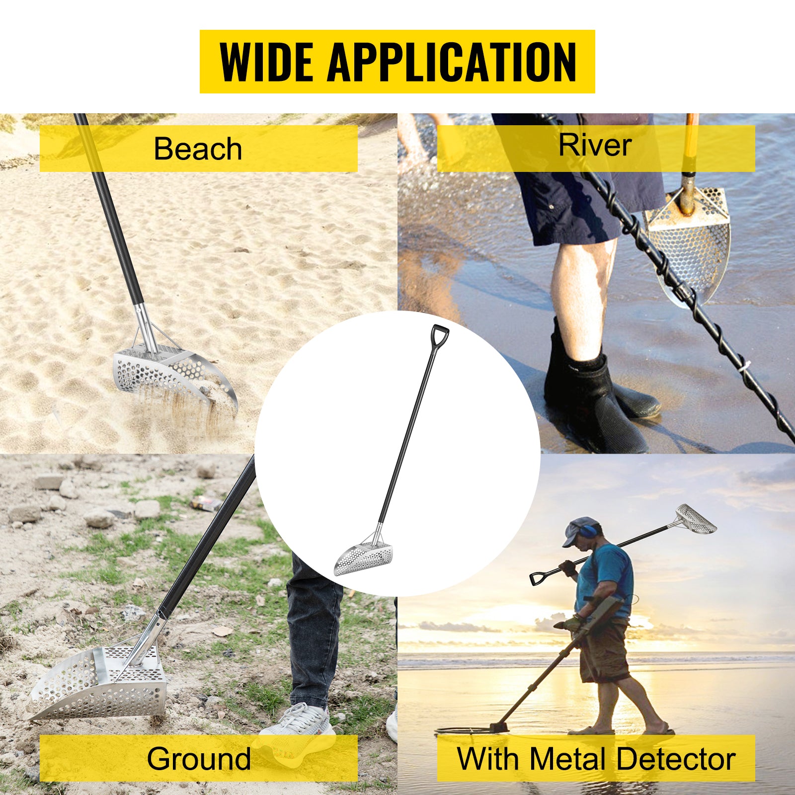 VEVOR Metal Detector Sand Scoop, Stainless Steel Metal Detecting Beach Scoop Scoops, 10 MM Hole Beach Metal Detector Scoop Shovel, with Carbon Fiber Handle Pole, for Metal Detecting Treasure Hunting