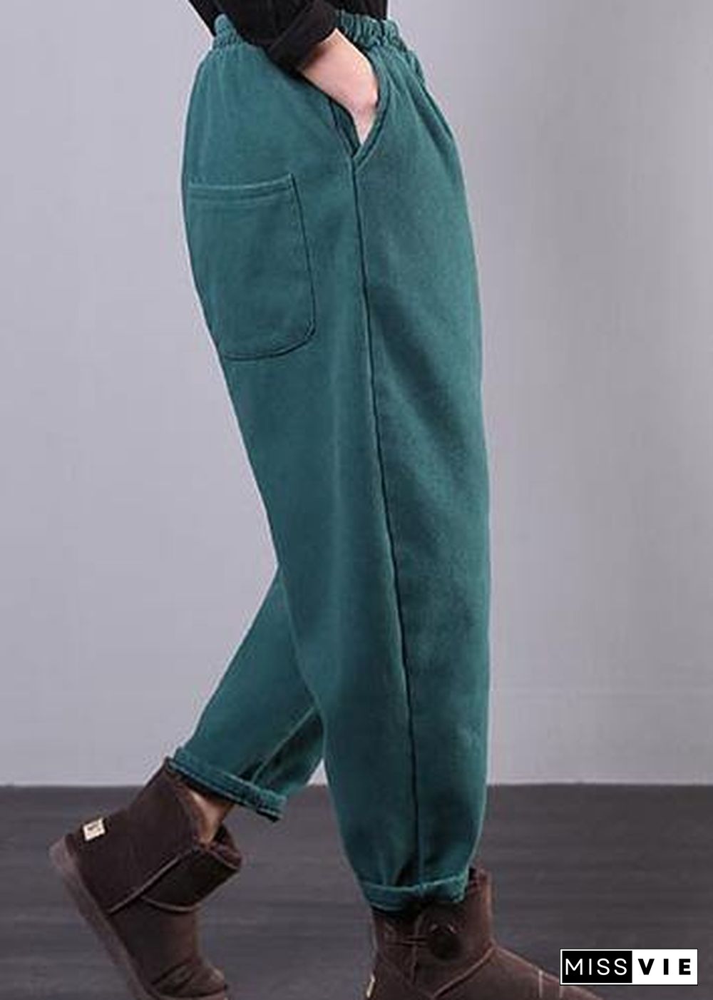 Chic elastic waist wide leg pants stylish blue Outfits pockets harem pants