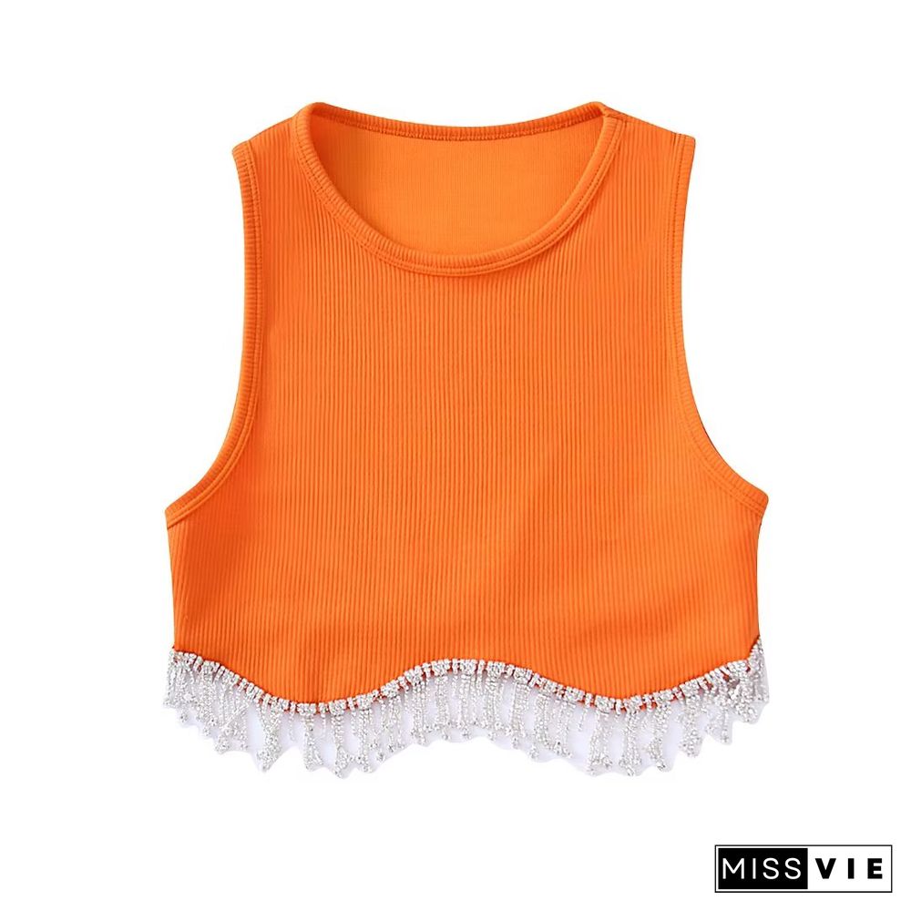 Women High Street Sexy Hem Tassel Diamond Beading Knitting T-Shirt Chic Short Camis Tank Lady Slim Crop Vest Tops Ls1311