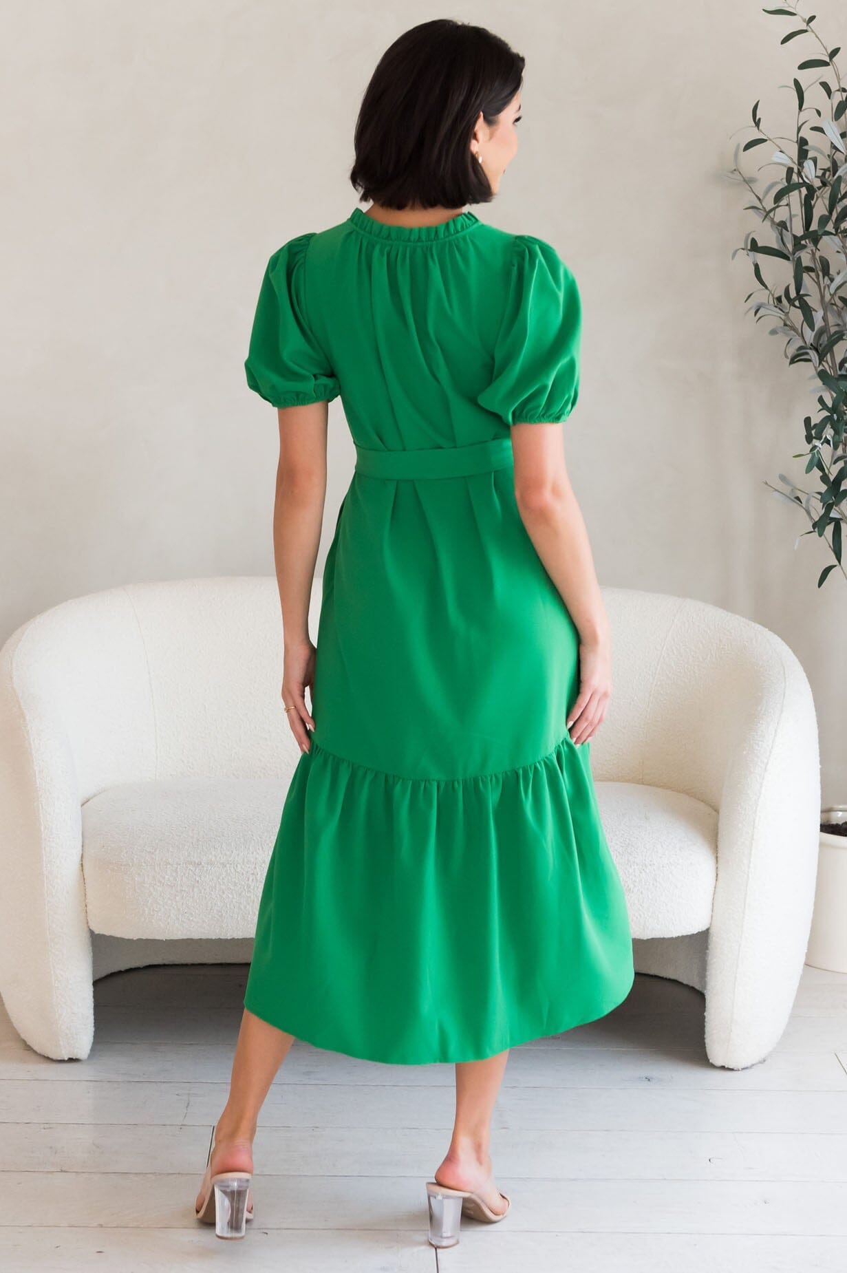 Alaska V-neck puff sleeve spring dress-vibrant green