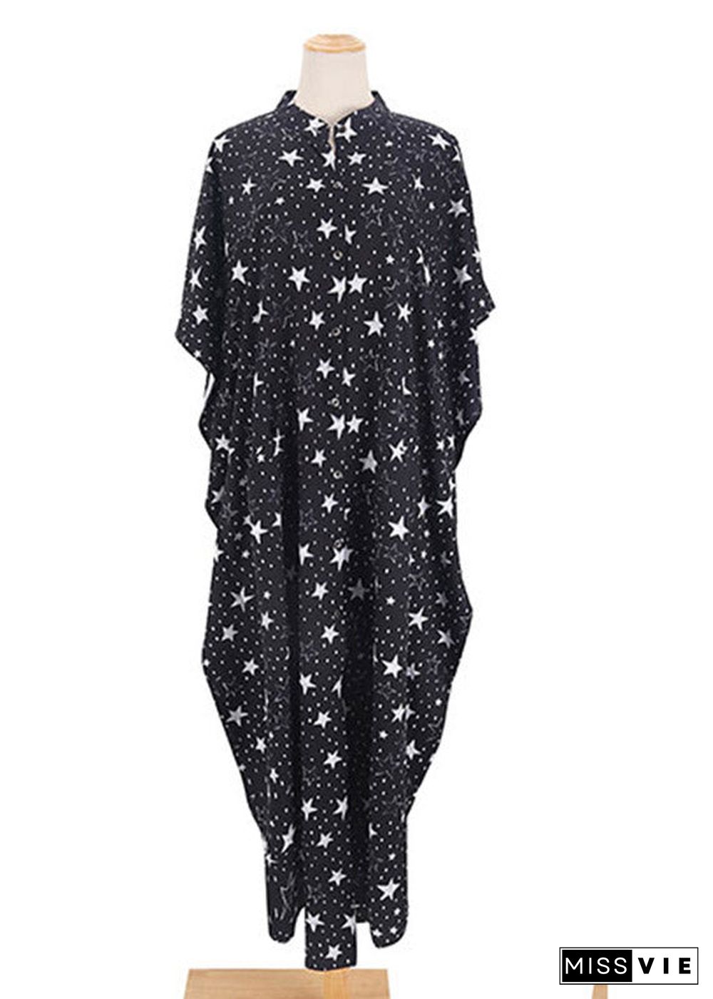 Italian Black Star Print Button Vacation Long Dresses Short Sleeve