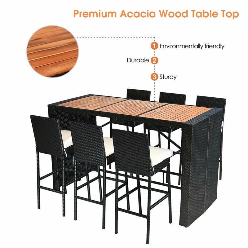 7 Pcs Rattan Patio Bar Set Dining Table Set with Acacia Wood Tabletop & Bar Stools, Soft Cushions