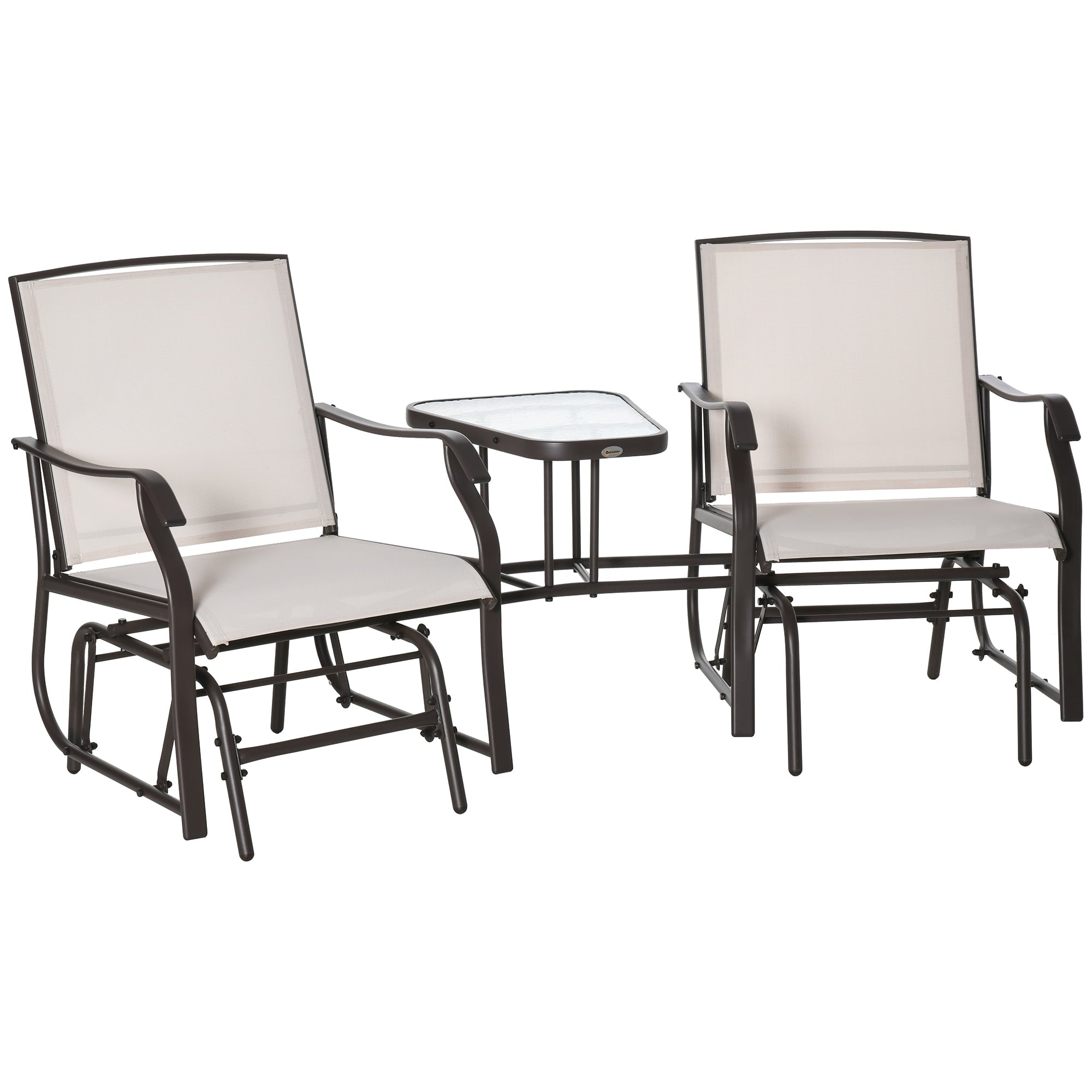 Outsunny Outdoor Glider Chairs with Coffee Table, 2-Seat Rocking Chair Swing Loveseat Sling, Beige