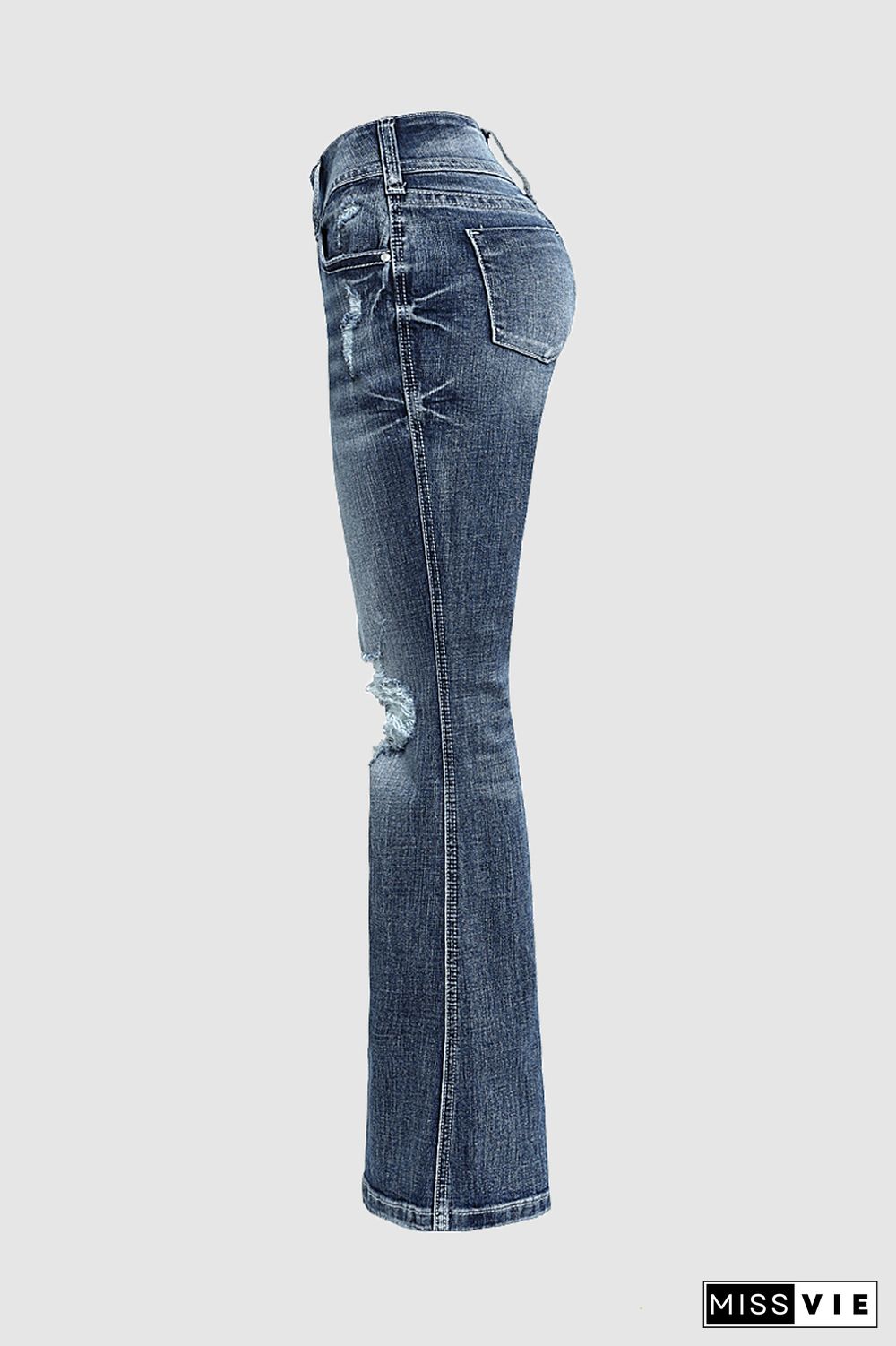 Double Button Ripped Stitch Detail Low Rise Flare Jeans