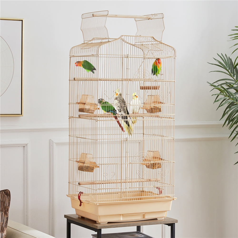 Topeakmart 41'' H Open Top Metal Birdcage Parrot Cage with Feeders， Almond