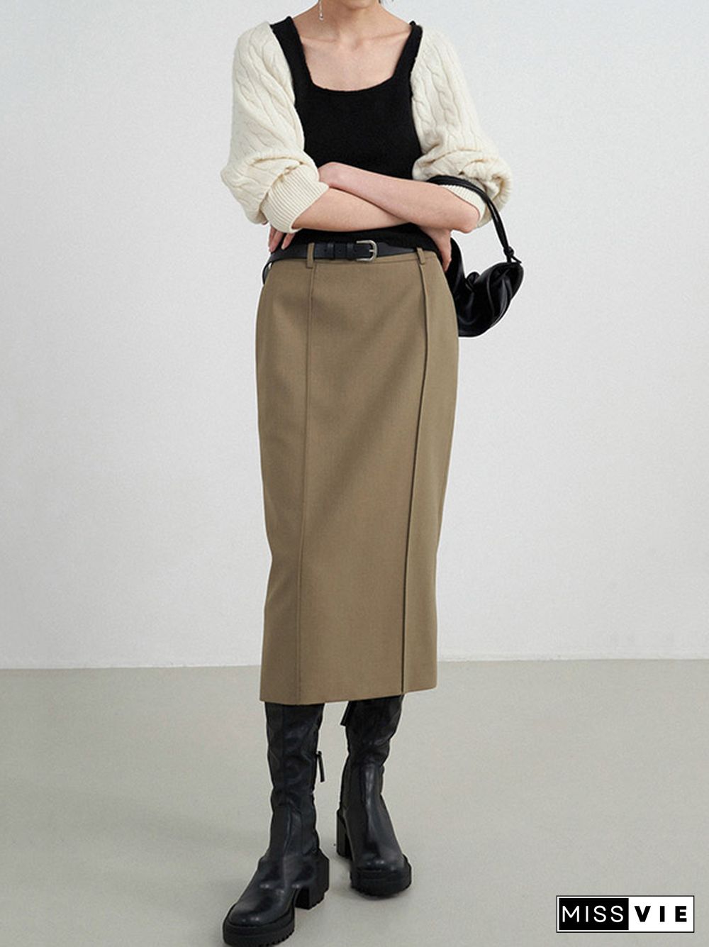 High Waisted Loose Solid Color Split-Back Skirts Bottoms