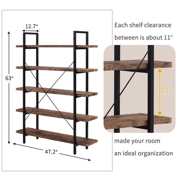 5-tier Bookcase with Wood and Metal Frame， Large Open Bookshelf for