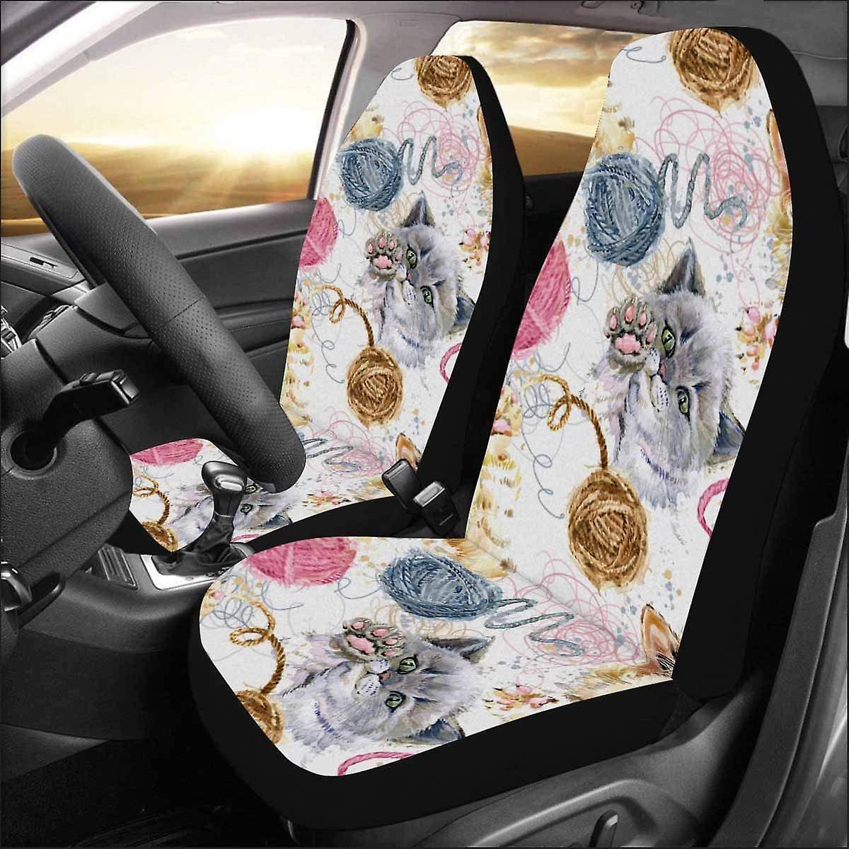 Set Of 2 Car Seat Covers Cute Kitten Playing Ball Universal Auto Front Seats Protector Fits For Car，suv Sedan，truck