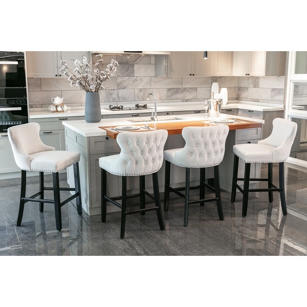 Upholstered Barstools with Button Tufted Decoration and Wooden Legs