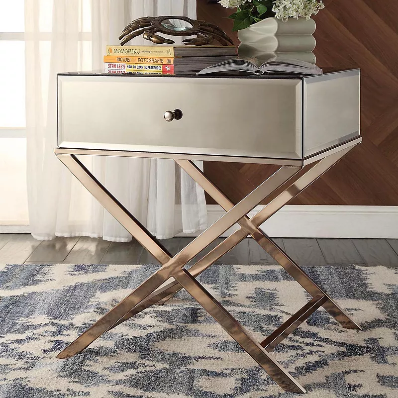 HomeVance Eleos Mirrored Gold Tone Campaign Accent Table