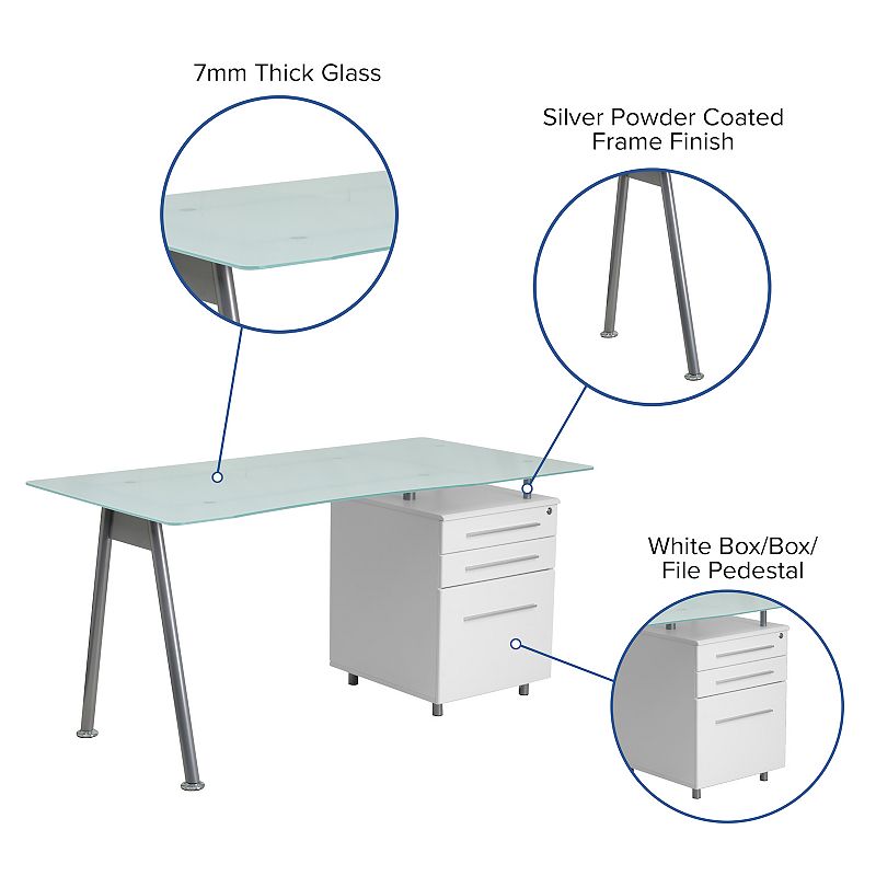 Emma and Oliver Glass Computer Desk with Three Drawer Pedestal